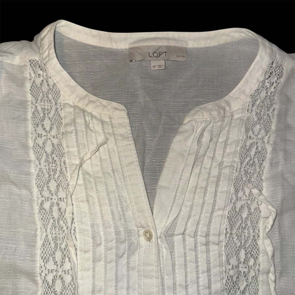 LOFT White Linen Laced Top Petite